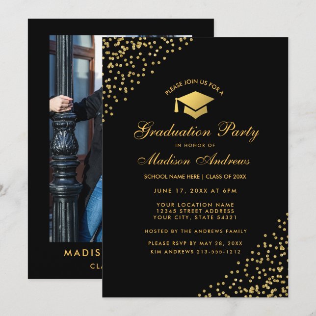 Invitación a la fiesta de graduación de oro negro  (Anverso / Reverso)