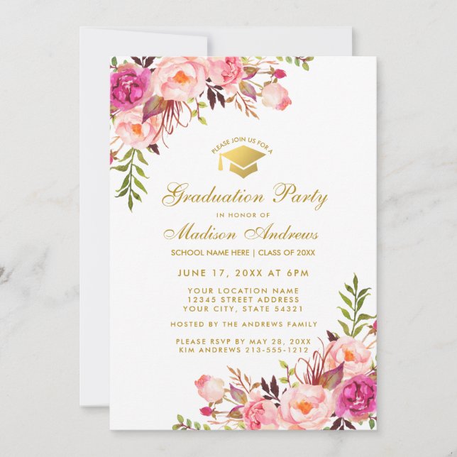 Invitación a la fiesta de graduación de oro rosa d (Anverso)