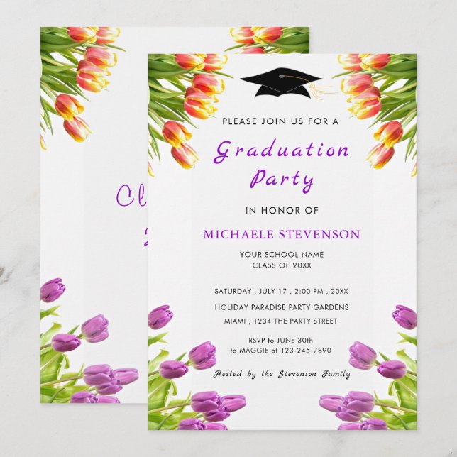 Invitación a la fiesta de graduación de tulipanes  (Anverso / Reverso)