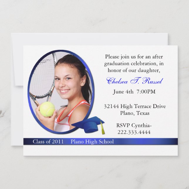 Invitación a la fiesta de graduación en azul y bla (Anverso)