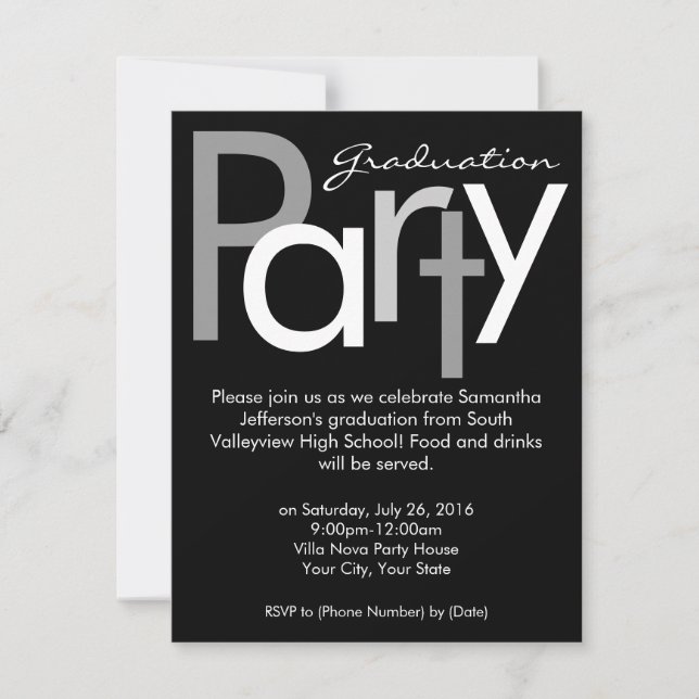 Invitación a la fiesta de graduación en blanco y n (Anverso)