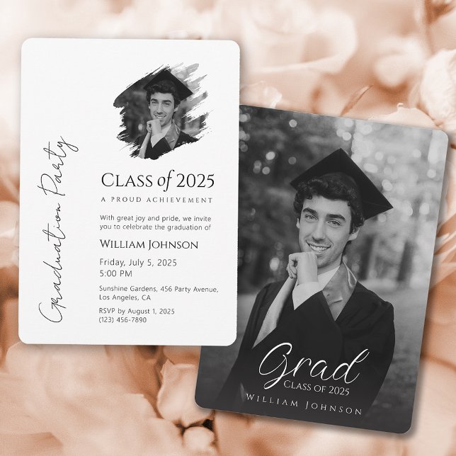 Invitación a la Fiesta de Graduación en Blanco y N (Black and White Graduation Party Invitation 2025)