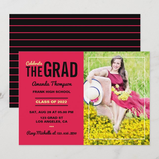 Invitación a la fiesta de graduación en escarlata  (Anverso / Reverso)