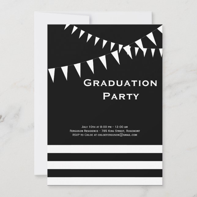 Invitación a la fiesta de graduación en negro y bl (Anverso)