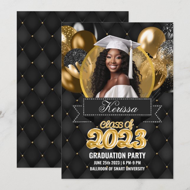 Invitación a la fiesta de graduación en negro y or (Anverso / Reverso)