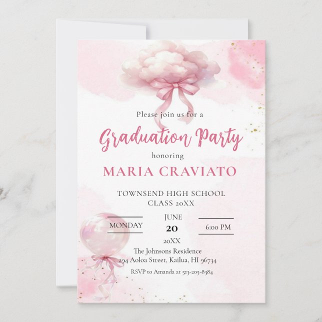 Invitación a la fiesta de graduación en nube rosa  (Anverso)