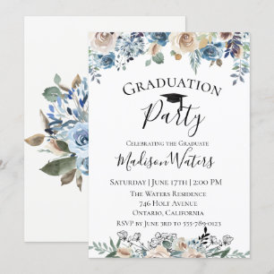 Invitación a la fiesta de graduación floral azul p