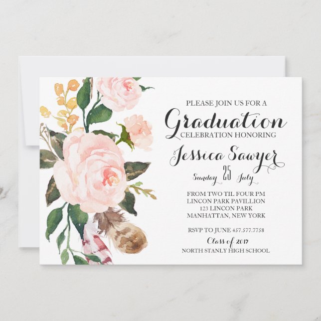 Invitación a la fiesta de graduación floral bohemi (Anverso)