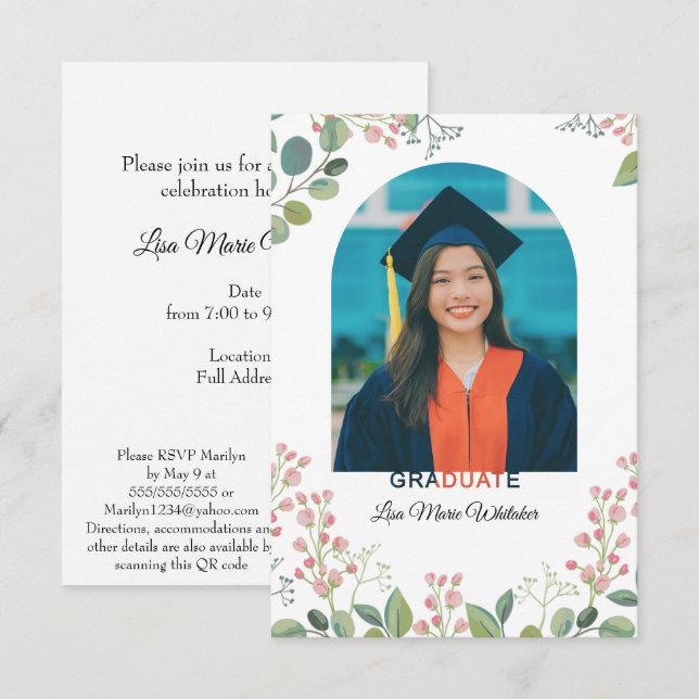 Invitación a la Fiesta de Graduación Floral Boho (Anverso / Reverso)