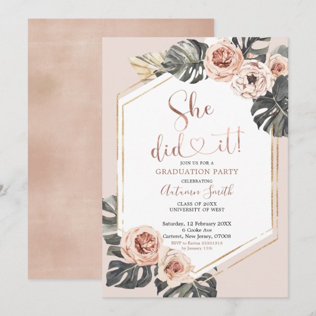 Invitación a la fiesta de graduación floral Boho (Anverso / Reverso)