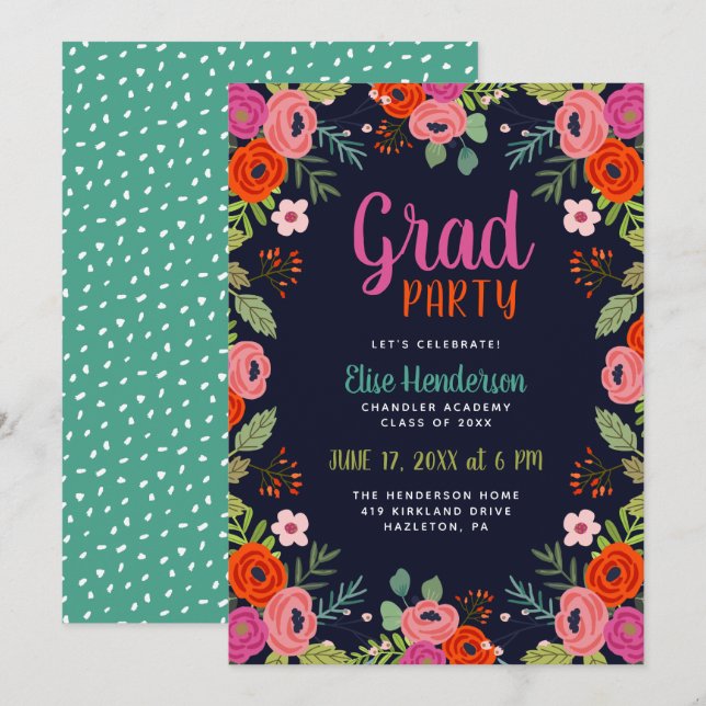Invitación a la fiesta de graduación floral brilla (Anverso / Reverso)