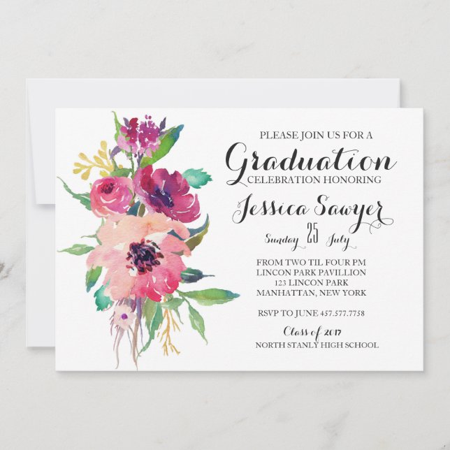 Invitación a la fiesta de graduación floral brilla (Anverso)