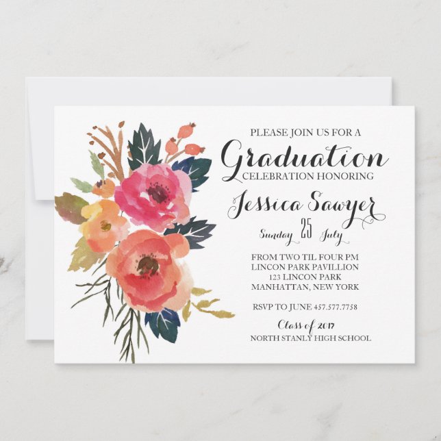 Invitación a la fiesta de graduación floral brilla (Anverso)