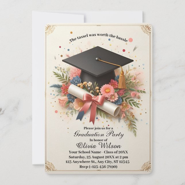 Invitación a la fiesta de graduación floral con en (Anverso)