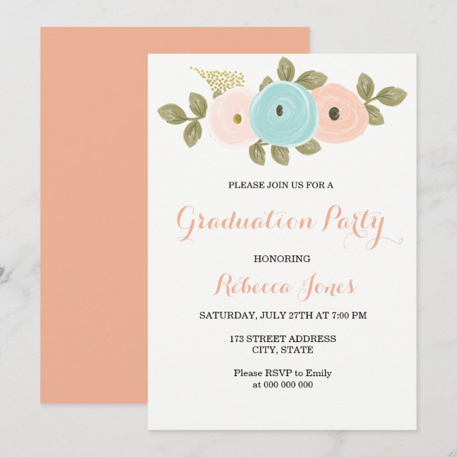 Invitación a la fiesta de graduación floral de dul (Anverso / Reverso)