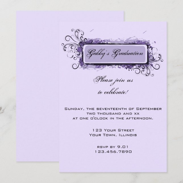 Invitación a la fiesta de graduación floral de púr (Anverso / Reverso)