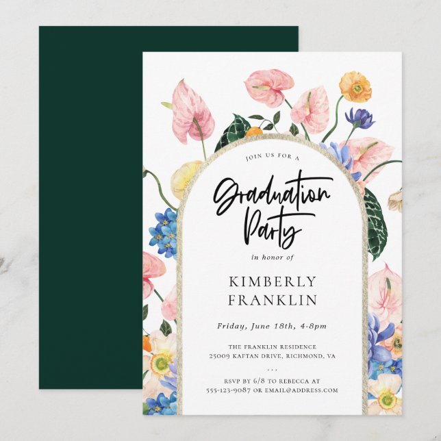 Invitación a la fiesta de graduación floral de ver (Anverso / Reverso)