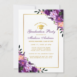 Invitación a la fiesta de graduación floral púrpur