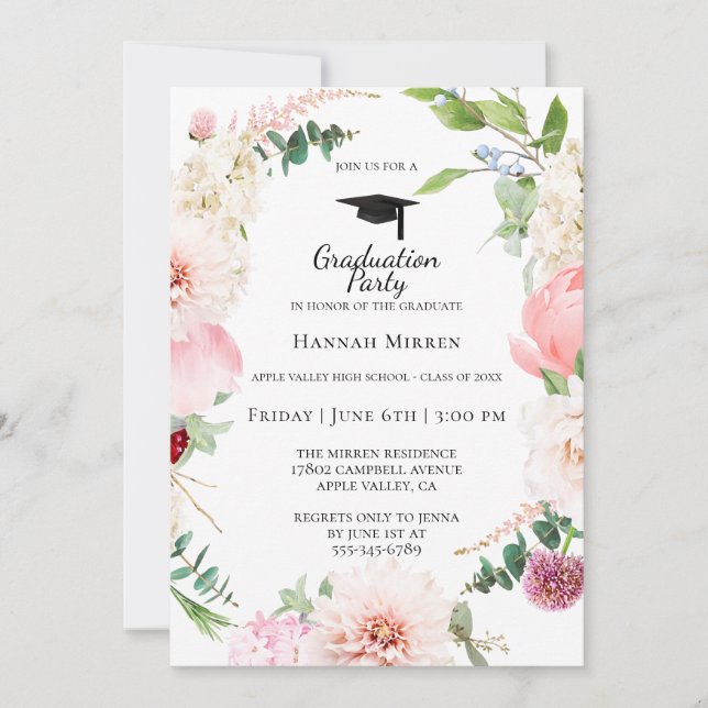 Invitación a la fiesta de graduación floral rosa d (Anverso)