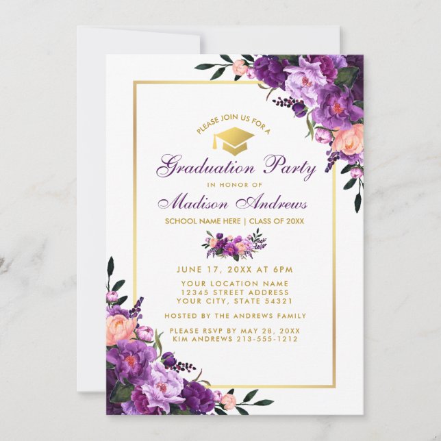 Invitación a la fiesta de graduación floral violet (Anverso)