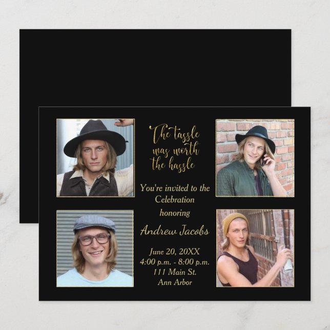 Invitación a la fiesta de graduación Gold y Black (Anverso / Reverso)