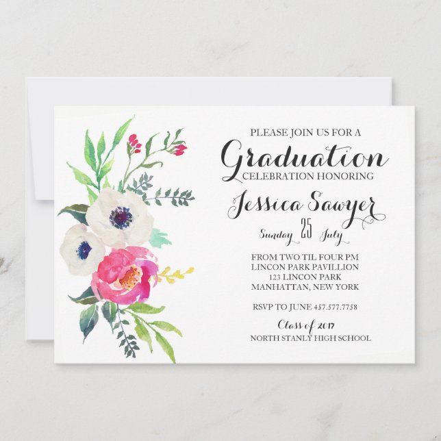 Invitación a la fiesta de graduación morada floral (Anverso)