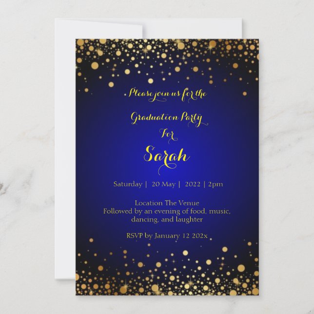 Invitación a la fiesta de graduación real azul y o (Anverso)