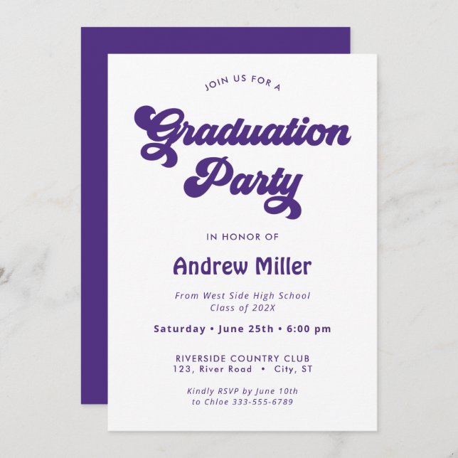 Invitación a la fiesta de graduación retro de Purp (Anverso / Reverso)
