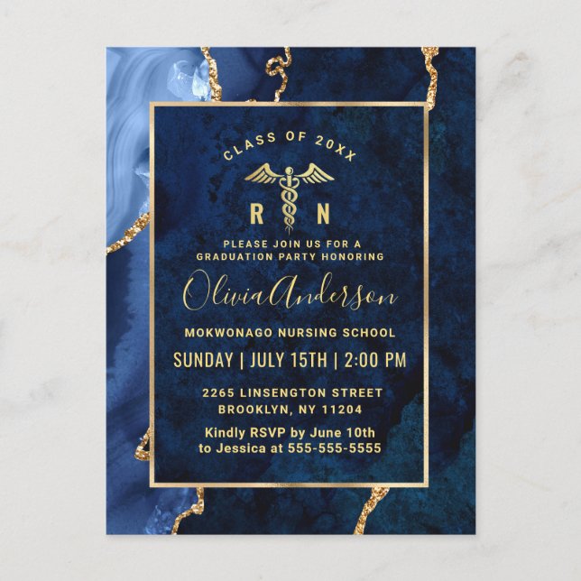 Invitación a la fiesta de graduación RN de oro azu (Anverso)