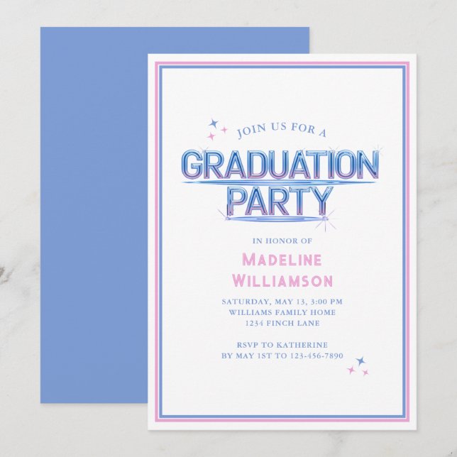 Invitación a la fiesta de graduación rosa azul ret (Anverso / Reverso)