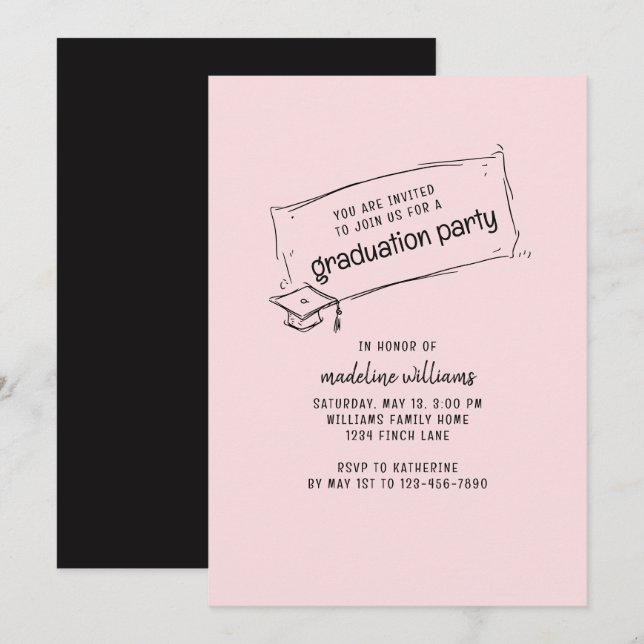 Invitación a la fiesta de graduación rosa y negro (Anverso / Reverso)