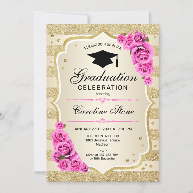 Invitación a la fiesta de graduación - Rosas rosa  (Anverso)