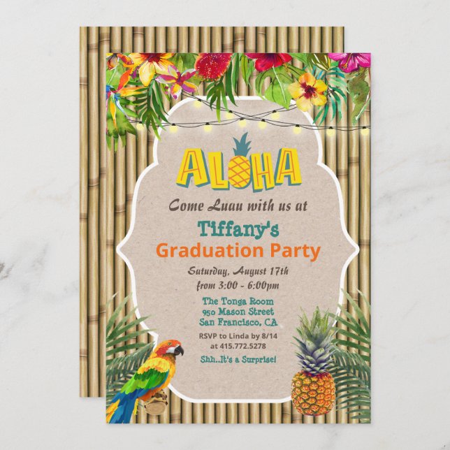 Invitación a la fiesta de graduación tropical de A (Anverso / Reverso)