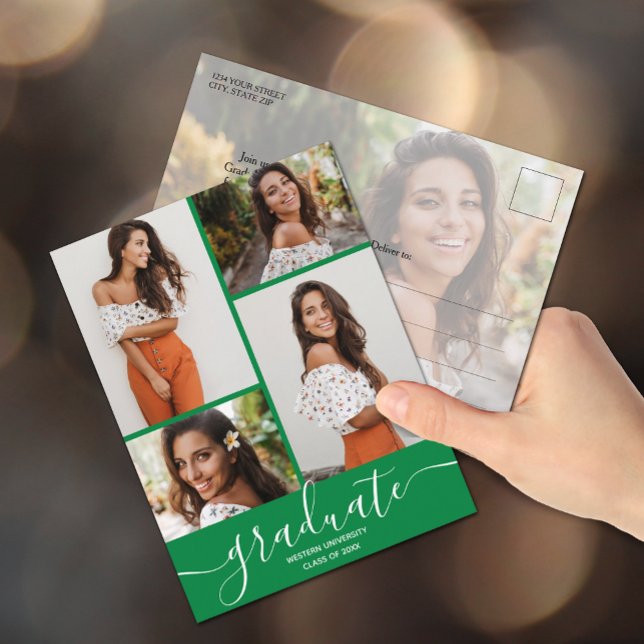 Invitación a la fiesta de graduación verde multifo (Graduation photo party invitation postcards)