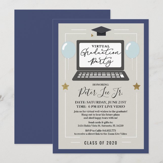 Invitación a la fiesta de graduación virtual mascu (Anverso / Reverso)