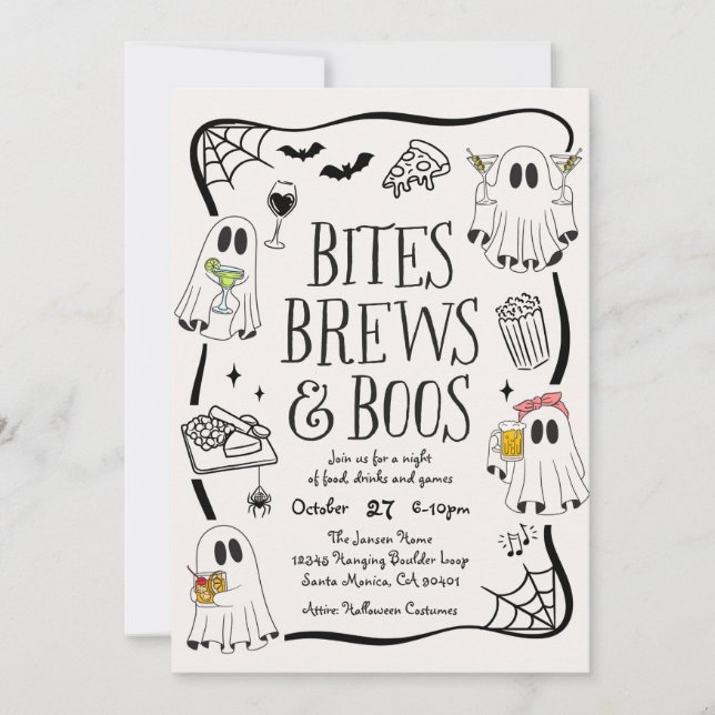 Invitación a la fiesta de Halloween Bites, Brews y (Anverso)