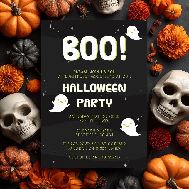 Invitación a la fiesta de Halloween - ¡Boo! (Boo! 👻 Join us for a frightfully fun Halloween party with this ghostly invitation.)