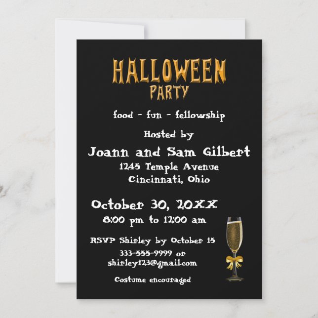 Invitación a la fiesta de Halloween Champagne eleg (Anverso)