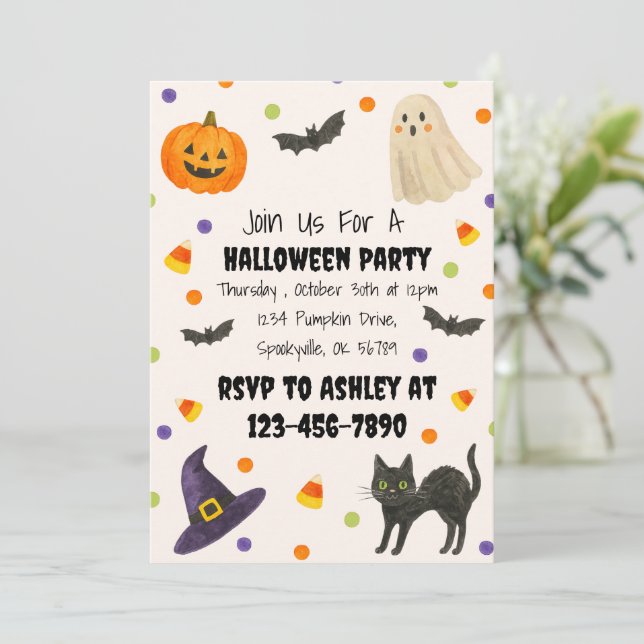 Invitación a la fiesta de Halloween con acuarela (Anverso de pie)