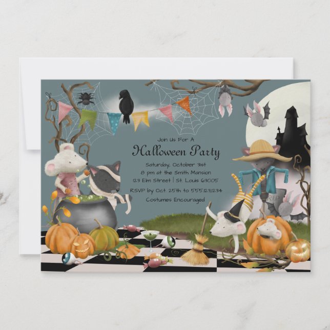 Invitación a la fiesta de Halloween con animales (Anverso)