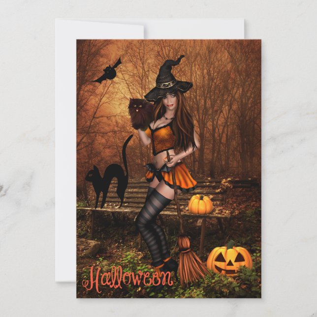 Invitación a la fiesta de Halloween con bruja (Anverso)