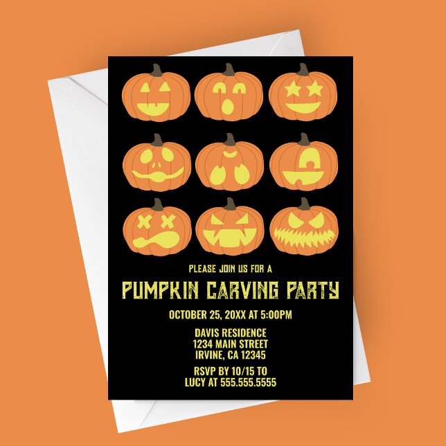Invitación a la fiesta de Halloween con calabaza (Pumpkin Faces | Pumpkin Carving Party Invitation)