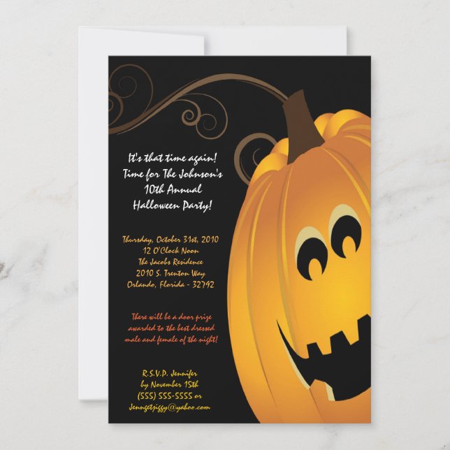 Invitación a la fiesta de Halloween con calabaza J (Anverso)