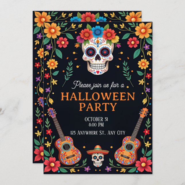 Invitación a la fiesta de Halloween con calaveras  (Anverso / Reverso)