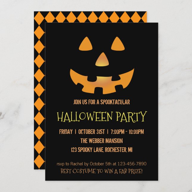 Invitación a la fiesta de Halloween con cara de ca (Anverso / Reverso)