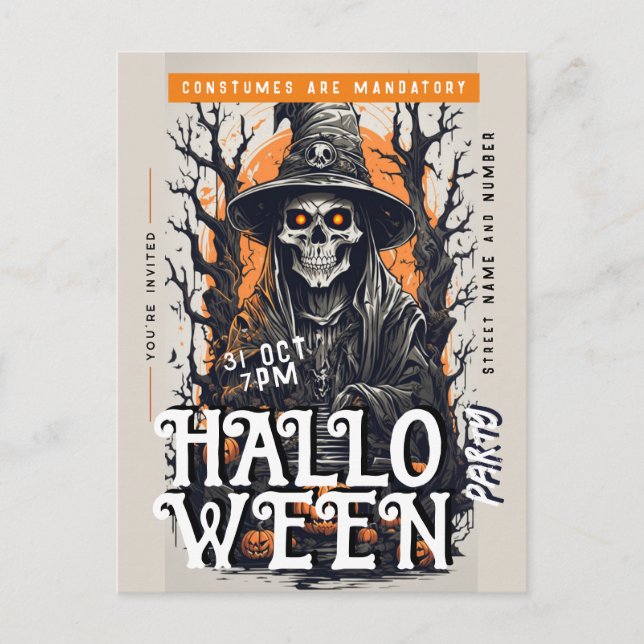 Invitación a la fiesta de Halloween con el cráneo  (Anverso)