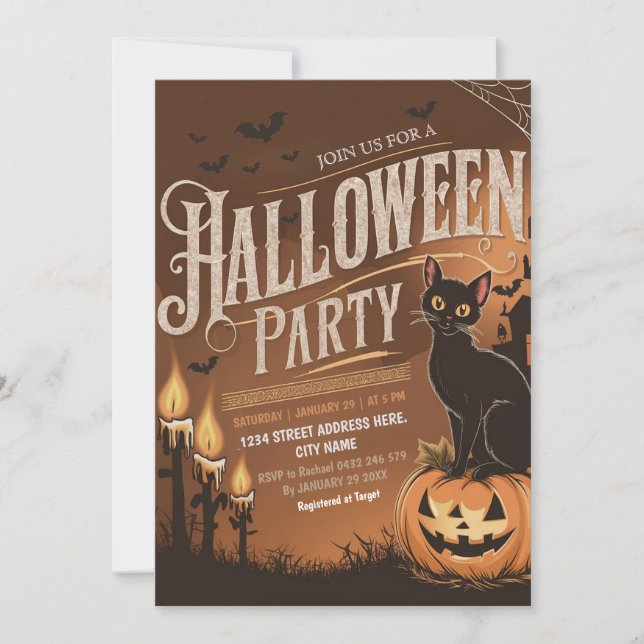 Invitación a la fiesta de Halloween con gato negro (Anverso)