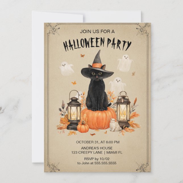 Invitación a la fiesta de Halloween con gato negro (Anverso)