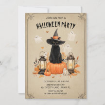 Invitación a la fiesta de Halloween con gato negro