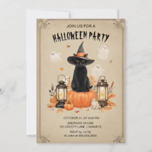 Invitación a la fiesta de Halloween con gato negro